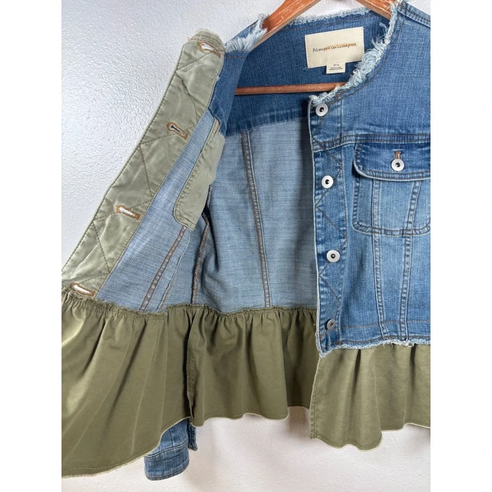 Pilcro‎ and the Letterpress Small Denim Jacket Olive Green Ruffle Hem Womens